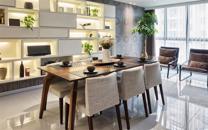 cozinha, elegante design de interiores, branco m&#225;rmore, marrom mesa de madeira, vaso branco, sala de jantar Design de Interiores