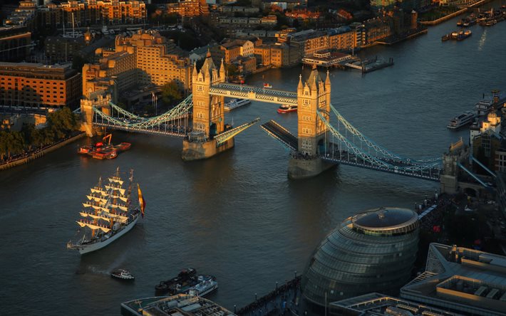 Tower Bridge, Thames River, London, England, evening, sunset, Great Britain