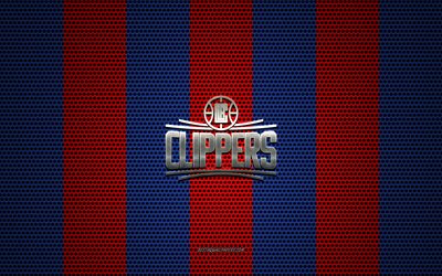 Los Angeles Clippers logo, American basketball club, metal emblem, red-blue metal mesh background, Los Angeles Clippers, NBA, Los Angeles, California, USA, basketball