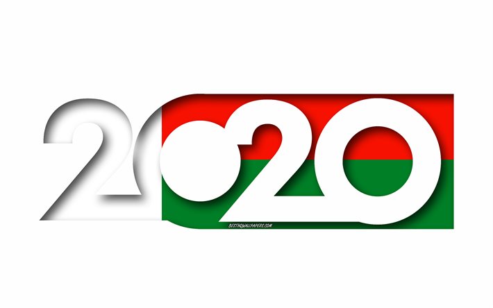 Madagaskar 2020, Flagga av Madagascar, vit bakgrund, Madagaskar, 3d-konst, 2020 begrepp, Madagaskar flagga, 2020 Nytt &#197;r, 2020 Madagaskar flagga