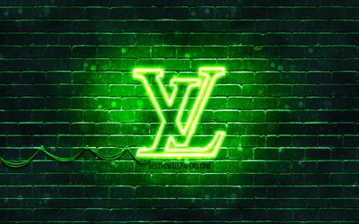 Louis Vuitton green logo, 4k, green brickwall, Louis Vuitton logo, brands, Louis Vuitton neon logo, Louis Vuitton