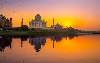 Taj Mahal, Agra, kv&#228;ll, sunset, landm&#228;rke, Uttar Pradesh, Indien, Kronan p&#229; Slottet, Mughal arkitektur