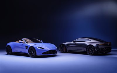 2021, Aston Martin Vantage Roadster, 4k, svart coupe, bl&#229; roadster, exteri&#246;r, new blue Vantage Roadster, nya svarta Vantage, Aston Martin