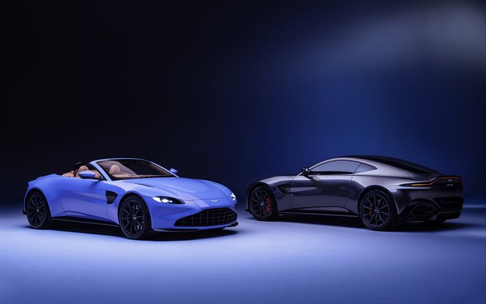 2021, Aston Martin Vantage Roadster, 4k, musta coupe, sininen roadster, ulkoa, uusi blue Vantage Roadster, uusi musta Vantage, Aston Martin