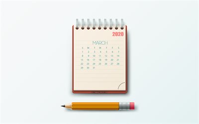 March 2020 Calendar, notepad, gray background, 2020 spring calendars, March, creative art, 2020 March calendar, 2020 calendars