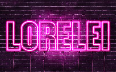 Lorelei, 4k, tapeter med namn, kvinnliga namn, Lorelei namn, lila neon lights, &#246;vergripande text, bild med Lorelei namn