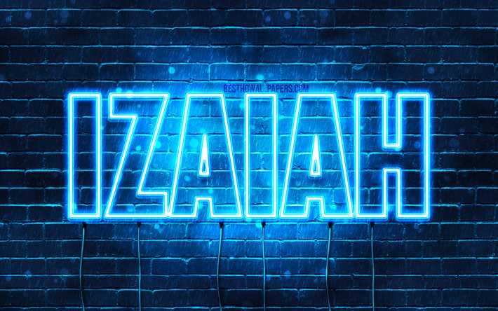 Izaiah, 4k, taustakuvia nimet, vaakasuuntainen teksti, Izaiah nimi, blue neon valot, kuva Izaiah nimi