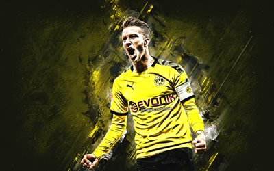 Marco Reus, Borussia Dortmund, portrait, german soccer player, BVB, Dortmund, yellow stone background, Bundesliga, Germany