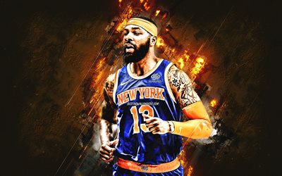 Marcus Morris, Los Angeles Clippers, american basketball player, portrait, NBA, orange stone background, basketball, USA
