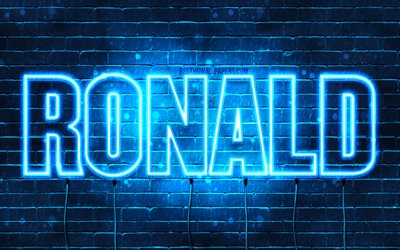 Ronald, 4k, les papiers peints avec les noms, le texte horizontal, Ronald nom, bleu n&#233;on, une photo avec le nom de Ronald