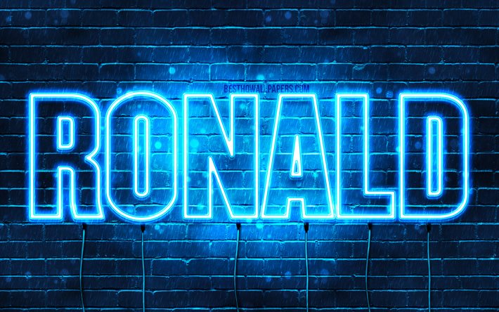 Ronald, 4k, pap&#233;is de parede com os nomes de, texto horizontal, Ronald nome, luzes de neon azuis, imagem com Ronald nome