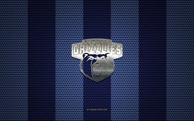 Memphis Grizzlies logo, American basketball club, metal emblem, blue metal mesh background, Memphis Grizzlies, NBA, Memphis, Tennessee, USA, basketball
