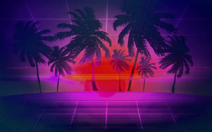 4k, abstrait, plage, paysage abstrait, de palmiers, de nature abstraite d&#39;origines, de soleil, d&#39;&#233;t&#233;, de l&#39;art num&#233;rique, coucher de soleil