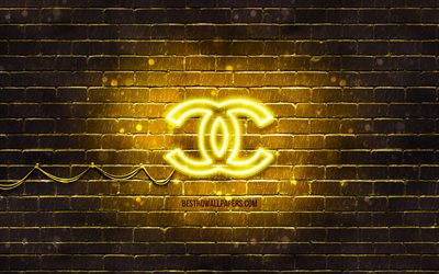 chanel gelb logo, 4k, gelb brickwall -, chanel-logo, marken, chanel neon-logo, chanel