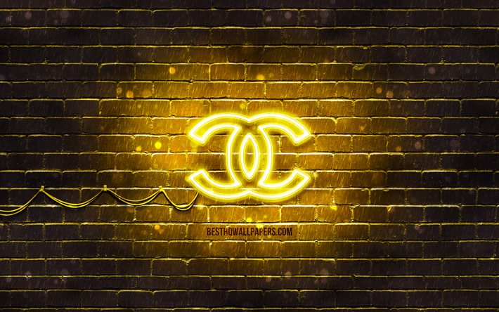 Chanel gul logotyp, 4k, gul brickwall, Chanel logotyp, varum&#228;rken, Chanel neon logotyp, Chanel