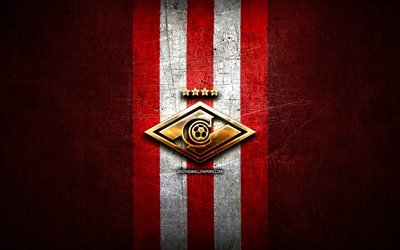 Spartak Moscow FC, golden logo, Russian Premier League, red metal background, football, Spartak Moscow, russian football club, Spartak Moscow logo, soccer, Russia