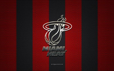 Miami Heat logo, Amerikan basketbol kul&#252;b&#252;, metal amblem, kırmızı-siyah metal mesh arka plan, Miami Heat, NBA, Miami, Florida, USA, basketbol