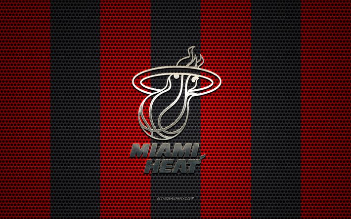 Miami Heat logo, American basketball club, metal emblem, red-black metal mesh background, Miami Heat, NBA, Miami, Florida, USA, basketball