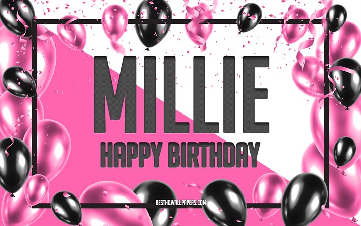 Feliz Cumplea&#241;os Millie, Globos de Cumplea&#241;os de Fondo, Millie, fondos de pantalla con los nombres, Millie Feliz Cumplea&#241;os, Globos rosas Cumplea&#241;os de Fondo, tarjeta de felicitaci&#243;n, Millie Cumplea&#241;os