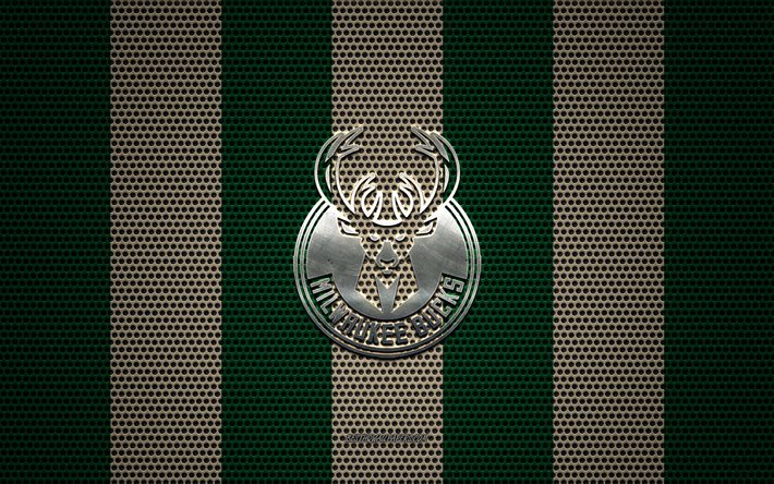 Milwaukee Bucks logo, American basketball club, metal emblem, green-beige metal mesh background, Milwaukee Bucks, NBA, Milwaukee, Wisconsin, USA, basketball
