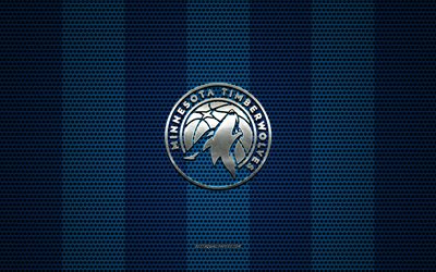 Minnesota Timberwolves logo, American basketball club, metal emblem, blue metal mesh background, Minnesota Timberwolves, NBA, Minneapolis, Minnesota, USA, basketball