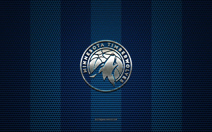 Minnesota Timberwolves logotipo, Americano de basquete clube, emblema de metal, azul met&#225;lica de malha de fundo, Minnesota Timberwolves, NBA, Minneapolis, Minnesota, EUA, basquete
