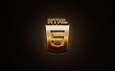 HTML5 glitter logo, programming language, grid metal background, HTML5, creative, programming language signs, HTML5 logo
