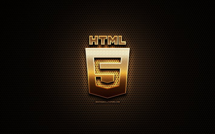 HTML5 brillo logotipo, lenguaje de programaci&#243;n, rejilla de metal de fondo, HTML5, creativa, lenguaje de programaci&#243;n signos, HTML5 logotipo
