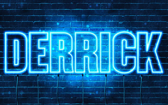 Derrick, 4k, taustakuvia nimet, vaakasuuntainen teksti, Derrick nimi, blue neon valot, kuva Derrick nimi