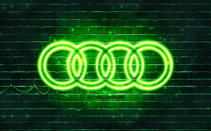 Audi gr&#246;n logotyp, 4k, gr&#246;na brickwall, Audi logotyp, bilar varum&#228;rken, Audi neon logotyp, Audi