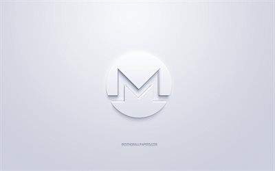 Monero logo, 3d white logo, 3d art, white background, cryptocurrency, Monero, finance concepts, business, Monero 3d logo