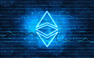 Ethereum azul do logotipo, 4k, azul brickwall, Ethereum logotipo, cryptocurrency, Ethereum neon logotipo, cryptocurrency sinais, Ethereum
