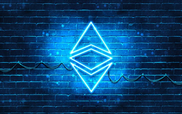 Ethereum青色のロゴ, 4k, 青brickwall, Ethereumロゴ, cryptocurrency, Ethereumネオンのロゴ, cryptocurrency看板, Ethereum