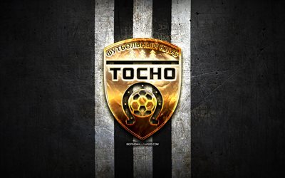 Tosno FC, golden logo, Russian Premier League, black metal background, football, FC Tosno, russian football club, Tosno logo, soccer, Russia