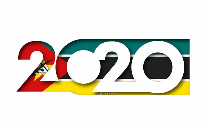 Mo&#231;ambique 2020, Flaggan i Mo&#231;ambique, vit bakgrund, Mo&#231;ambique, 3d-konst, 2020 begrepp, Mo&#231;ambiques flagga, 2020 Nytt &#197;r, 2020 Mo&#231;ambiques flagga