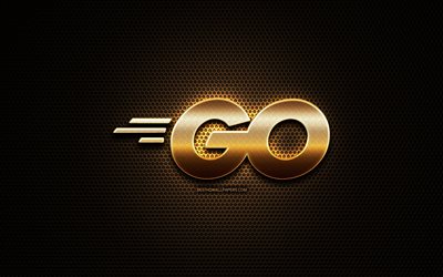 Go glitter logo, programming language, grid metal background, Go, creative, programming language signs, Go logo