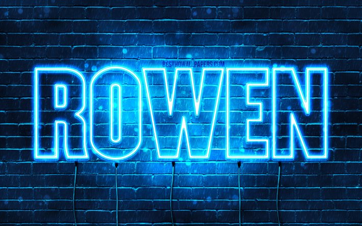 Rowen, 4k, taustakuvia nimet, vaakasuuntainen teksti, Rowen nimi, blue neon valot, kuva Rowen nimi