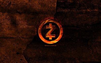Zcash fiery logo, orange stone background, creative, Zcash logo, cryptocurrency, Zcash