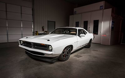 Plymouth Barracuda, 1970, white coupe, front view, exterior, tuning Barracuda, american cars, Plymouth