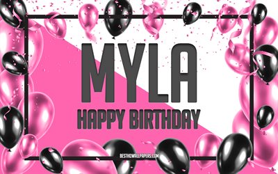 お誕生日おめでMyla, お誕生日の風船の背景, Myla, 壁紙名, Mylaお誕生日おめで, ピンク色の風船をお誕生の背景, ご挨拶カード, Myla誕生日