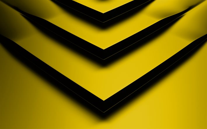 yellow 3D arrow, 4k, creative, geometric shapes, arrows, 3D arrows, yellow backgrounds, yellow arrows, geometry, background with arrows