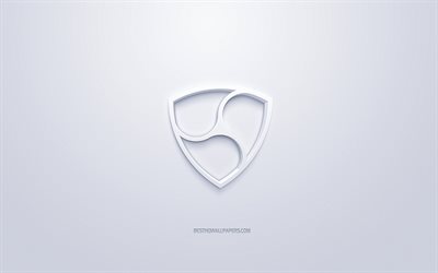 NEM logo, 3d white logo, 3d art, white background, cryptocurrency, NEM, finance concepts, business, NEM 3d logo