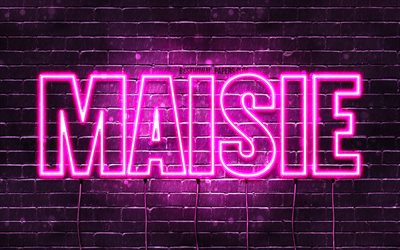 Maisie, 4k, taustakuvia nimet, naisten nimi&#228;, Maisie nimi, violetti neon valot, vaakasuuntainen teksti, kuva Maisie nimi