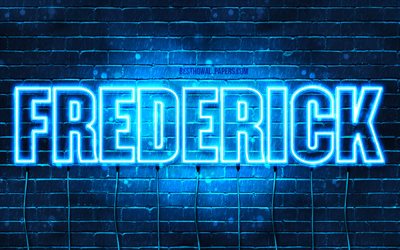 Frederick, 4k, taustakuvia nimet, vaakasuuntainen teksti, Frederick nimi, blue neon valot, kuva Frederick nimi