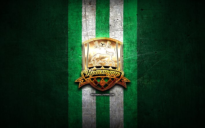O FC Krasnodar, ouro logotipo, Russian Premier League, metal verde de fundo, futebol, russo futebol clube, Krasnodar logotipo, R&#250;ssia