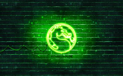 Mortal Kombat gr&#246;n logotyp, 4k, gr&#246;na brickwall, Mortal Kombat logotyp, 2020 spel, Mortal Kombat neon logotyp, Mortal Kombat