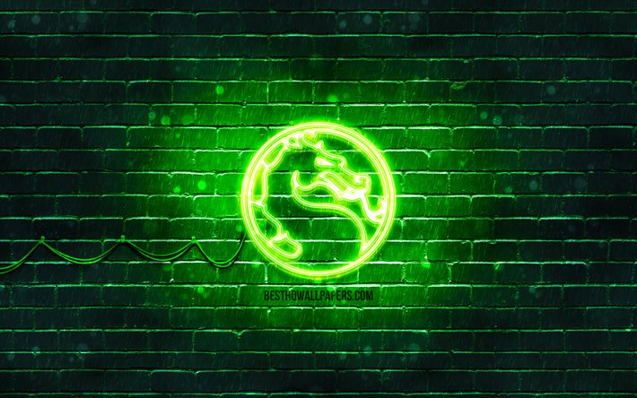 مورتال كومبات الأخضر شعار, 4k, الأخضر brickwall, مورتال كومبات شعار, 2020 الألعاب, مورتال كومبات النيون شعار, مورتال كومبات
