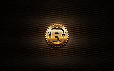 Rust glitter logo, programming language, grid metal background, Rust, creative, programming language signs, Rust logo