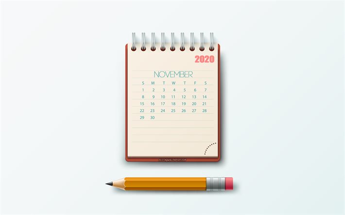 November 2020 Calendar, notepad, gray background, 2020 autumn calendars, November, creative art, 2020 November calendar, 2020 calendars