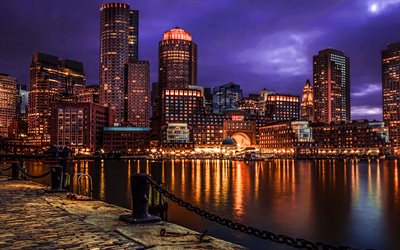 Massachusetts, Amerika şehirleri, Boston 4k, geceleri Boston, promenade, HDR, Boston, USA, Amerika, Şehir, Şehirler